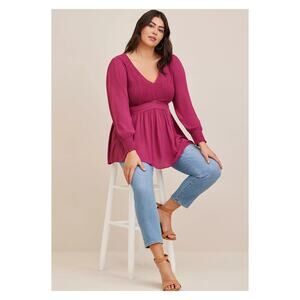 Torrid Burgundy Crinkle Gauze Long Sleeve Babydoll Blouse Sz.2 NWT